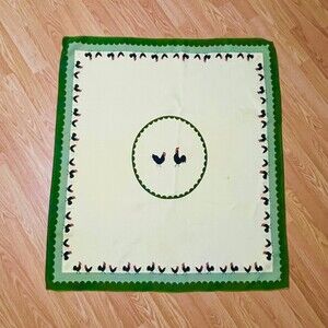 Vintage Rooster & Hen Yellow Green Border Tablecloth 34x38